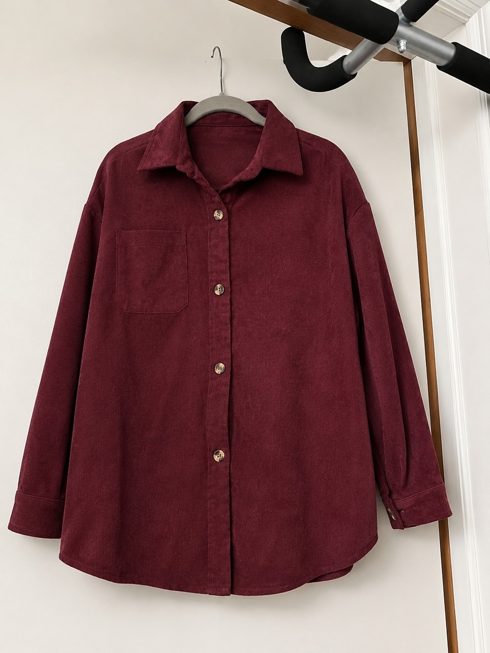 Women's Burgundy Corduroy Button-Up Shirt Jacket
